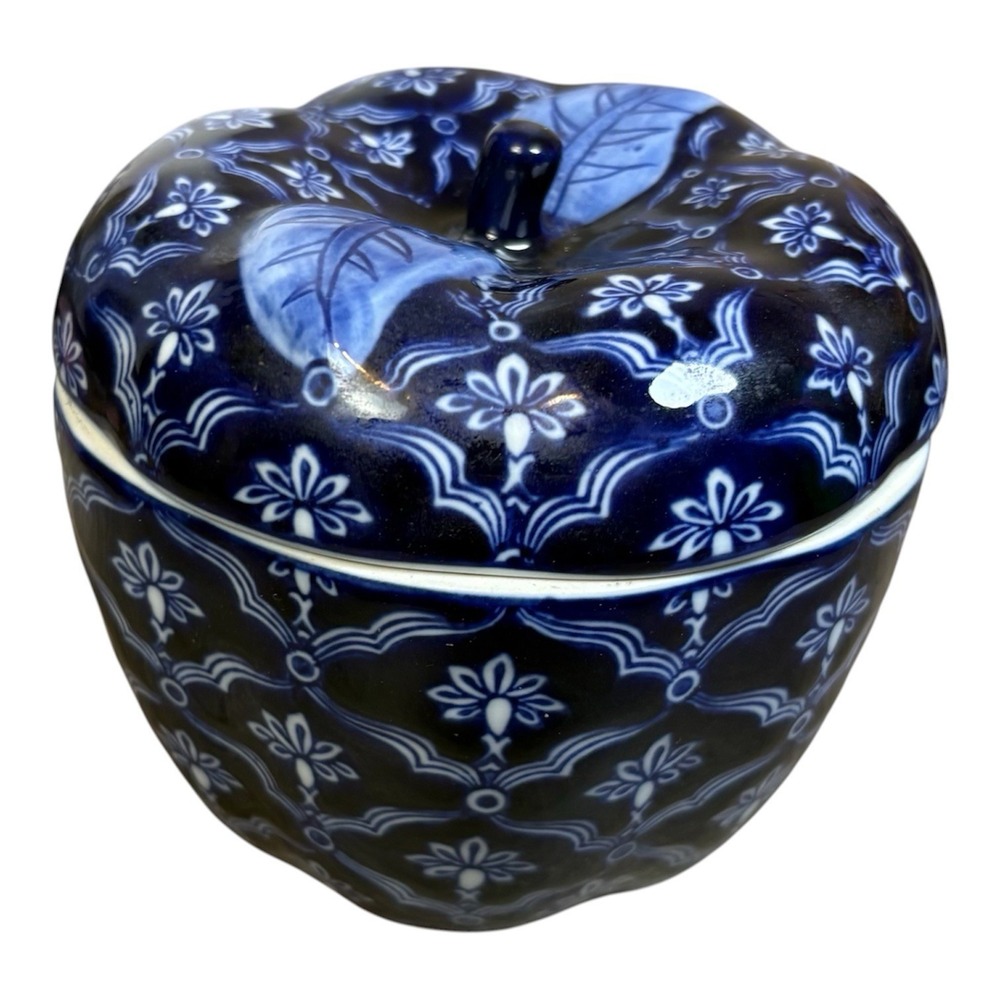 Vintage Bombay Company Blue & White Ceramic Apple and Lid